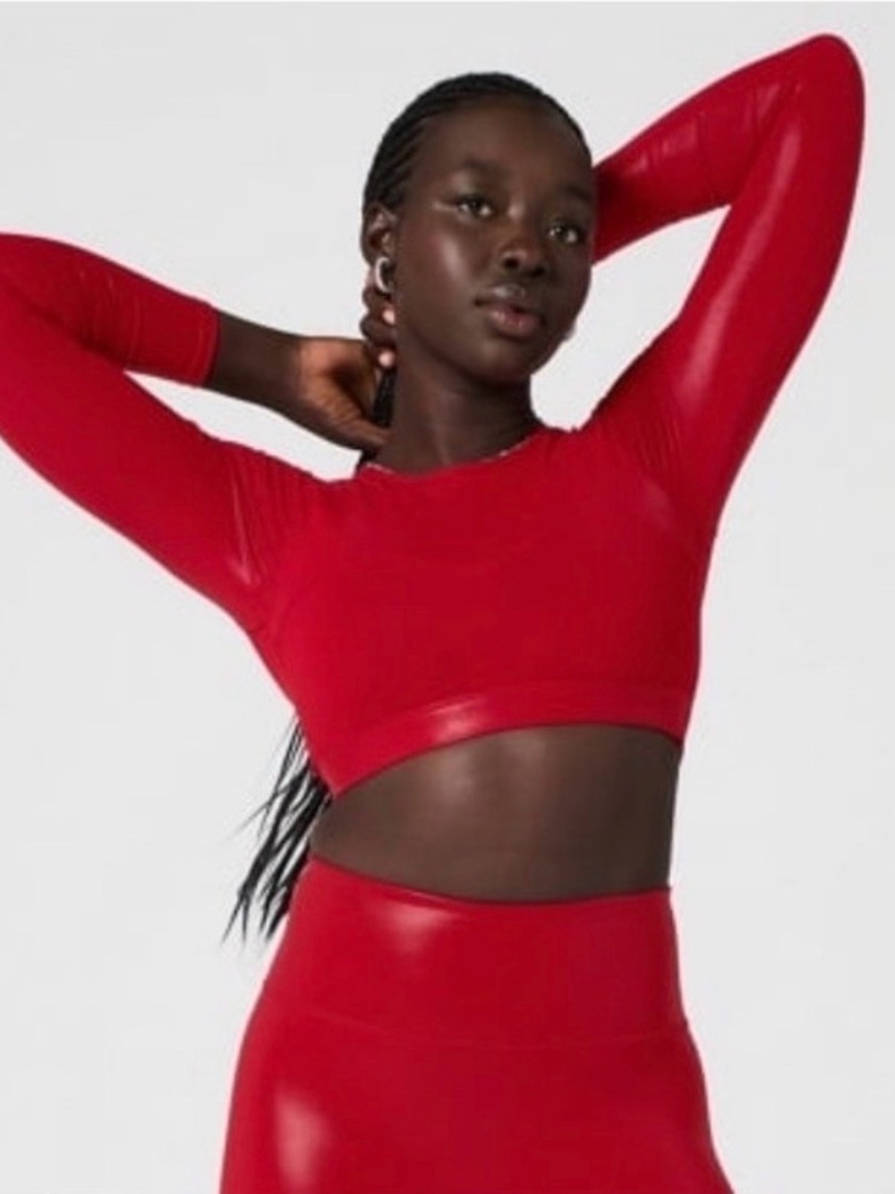 NWT Fabletics Luxe 360 Built-In-Bra Long Sleeve Crop Top Red Shiny Cut Out Small